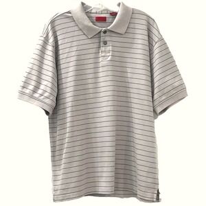 IZOD Mens Golf Polo Shirt Size L Beige Gray Stripe Short Sleeve Embroidered Logo